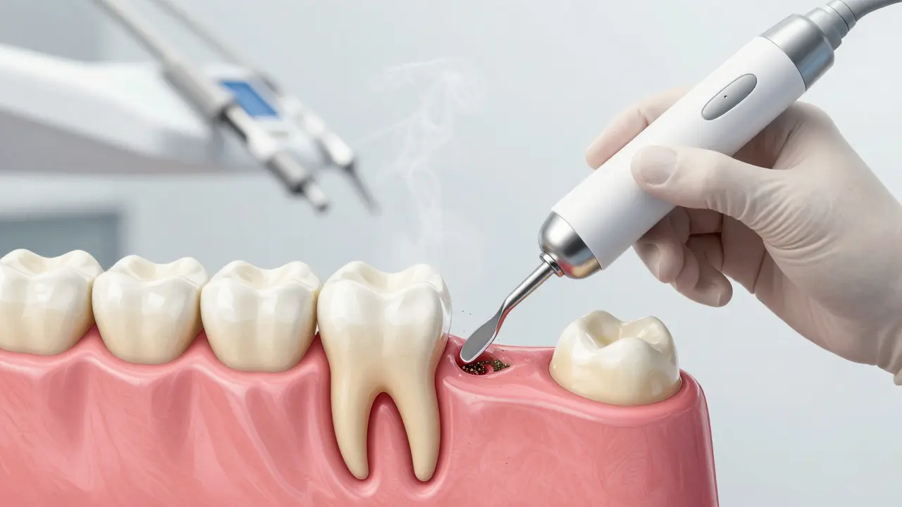 Zubní lékař odstraňuje zubní kámen pod dásní ultrazvukovým a ručním nástrojem