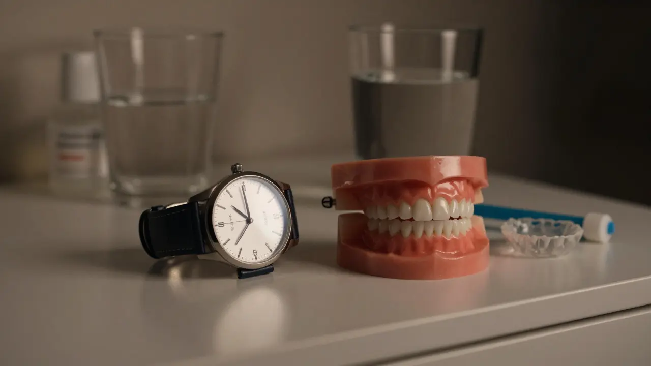 Zubní protéza a hodinky na nočním stolku symbolizují denní péči o chrup.