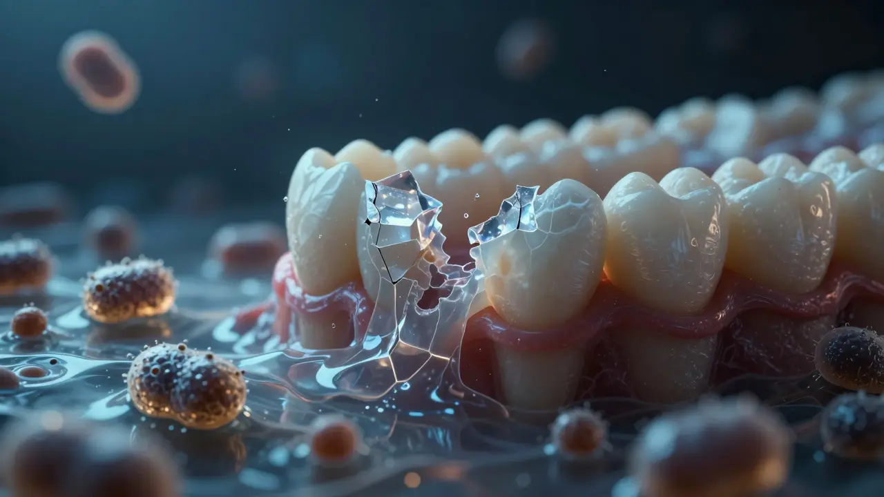 Zubní sklovina ničená kyselinou z bakterií v plaku