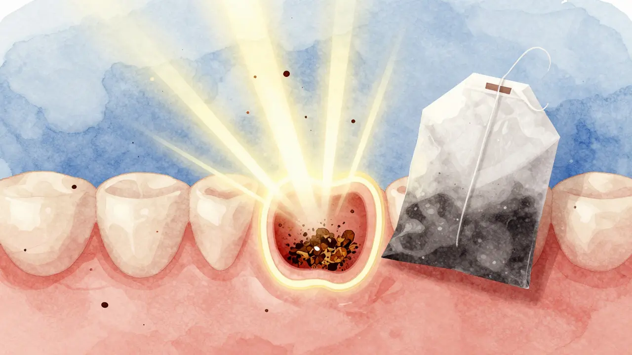 Blízký pohled na hojící se dásen s chladným čajovým pytlíkem a jemným zářením hojení.