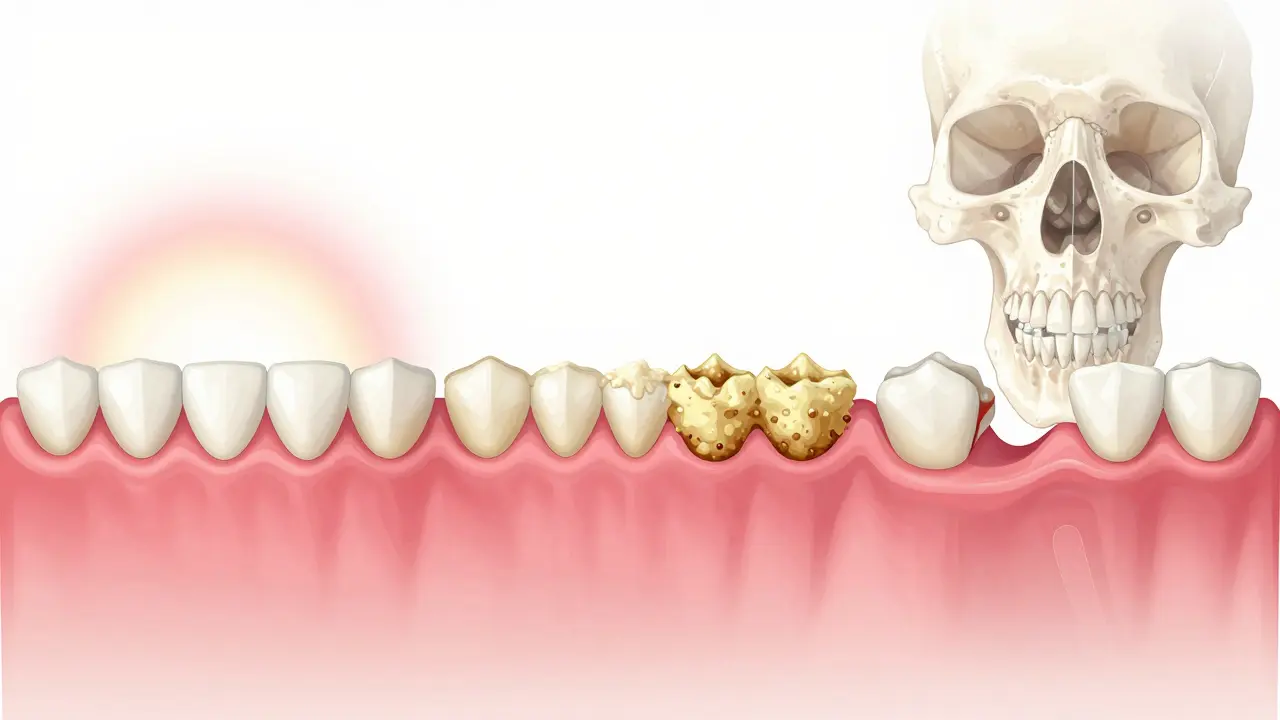 Časová osa rozvoje plaku na zubech až k ztrátě zubů a kosti.
