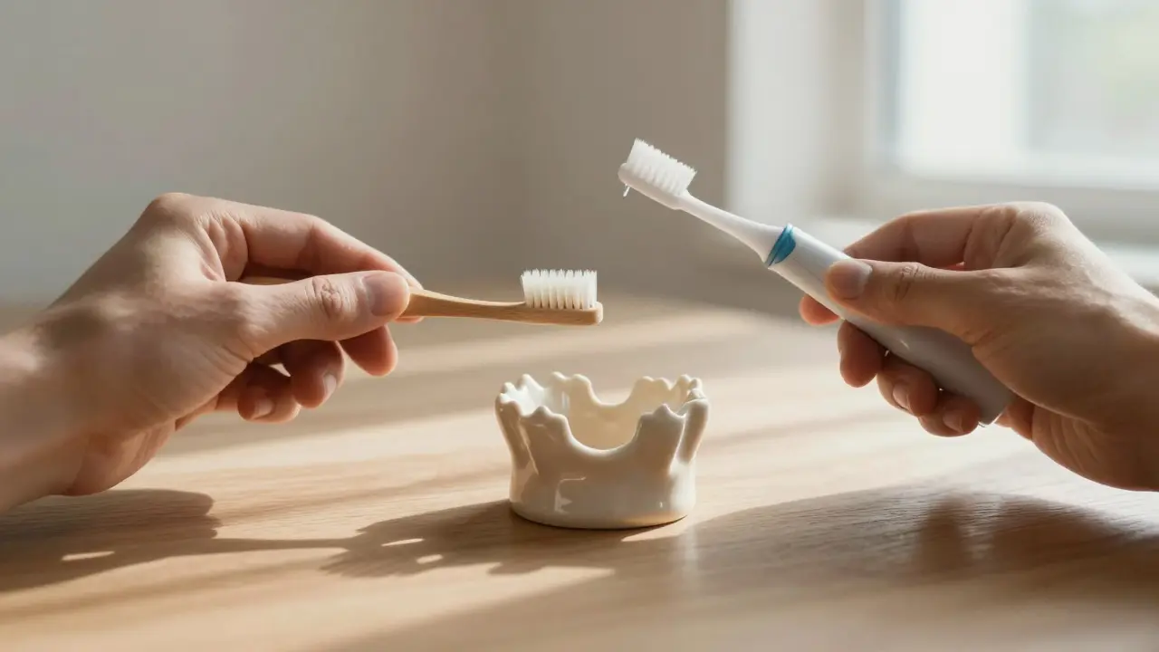 Ceramic dental crown placed beside oral hygiene tools, symbolizing preventive care for implants.