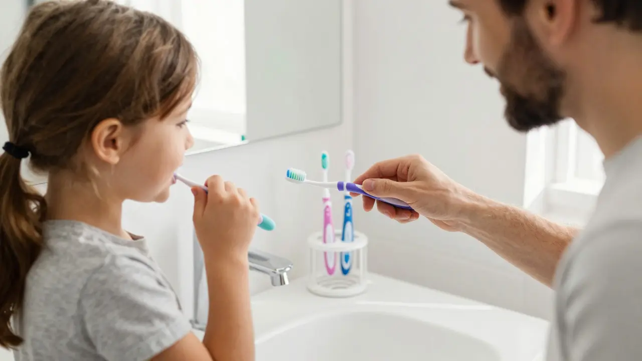 Česká rodina čistí zuby s kartáčky Curaprox, dítě s rodiči v koupelně při denní hygieně.