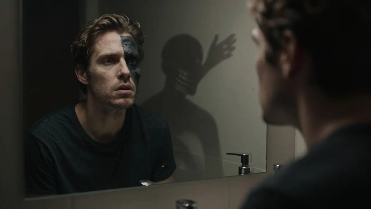 Člověk hledí do zrcadla, jeho zuby jsou pokryté černým kamenem a kost v čelisti se zhroutí.