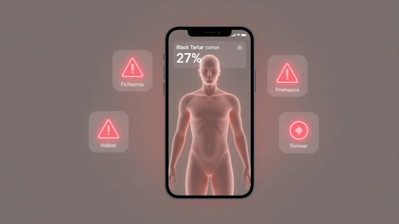 Člověk jako telefon s aplikací 'Černý kámen' spotřebovávající energii.