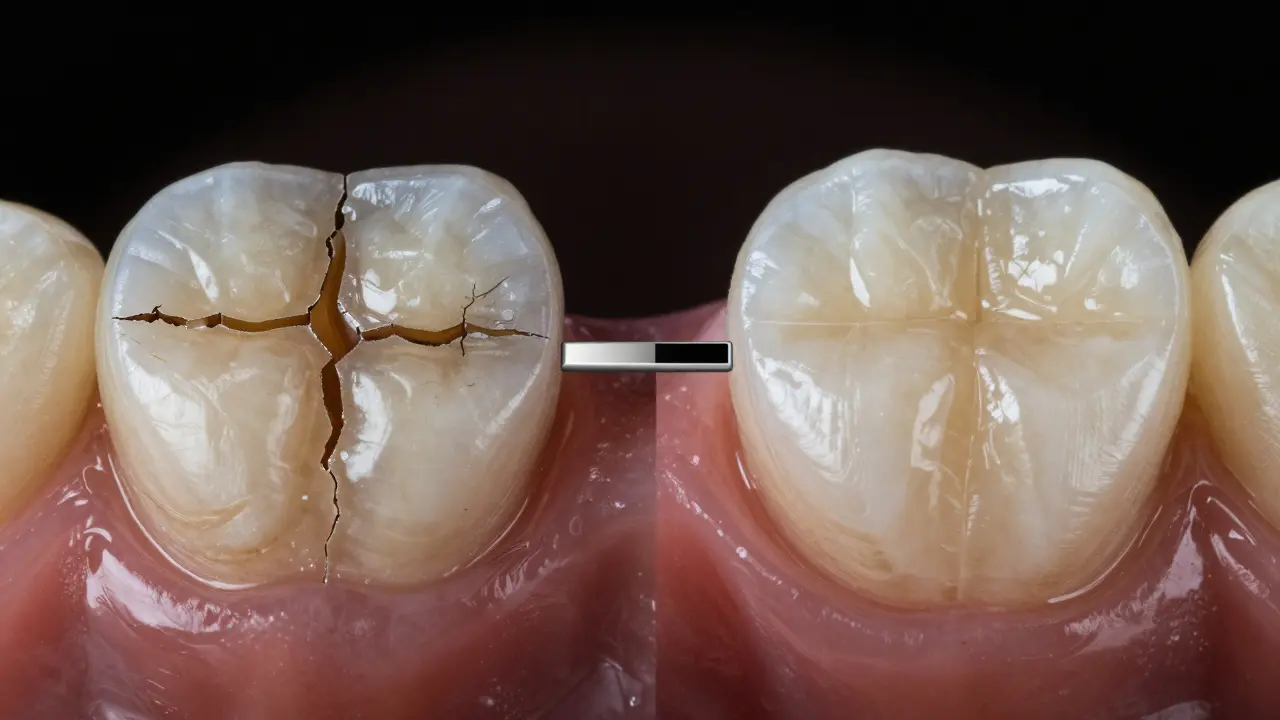 Comparison of a damaged composite filling versus a high-quality, natural-looking restoration.