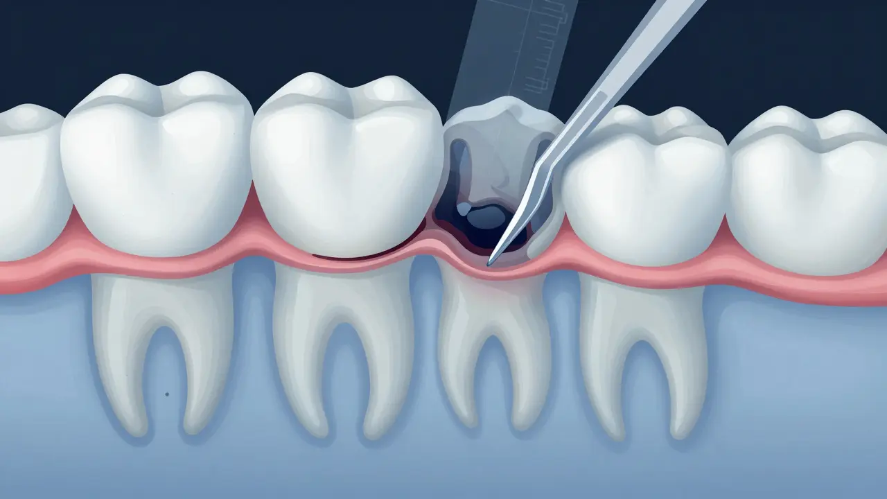 Cross-section of a tooth showing cavity progression and dental probe examining decay.