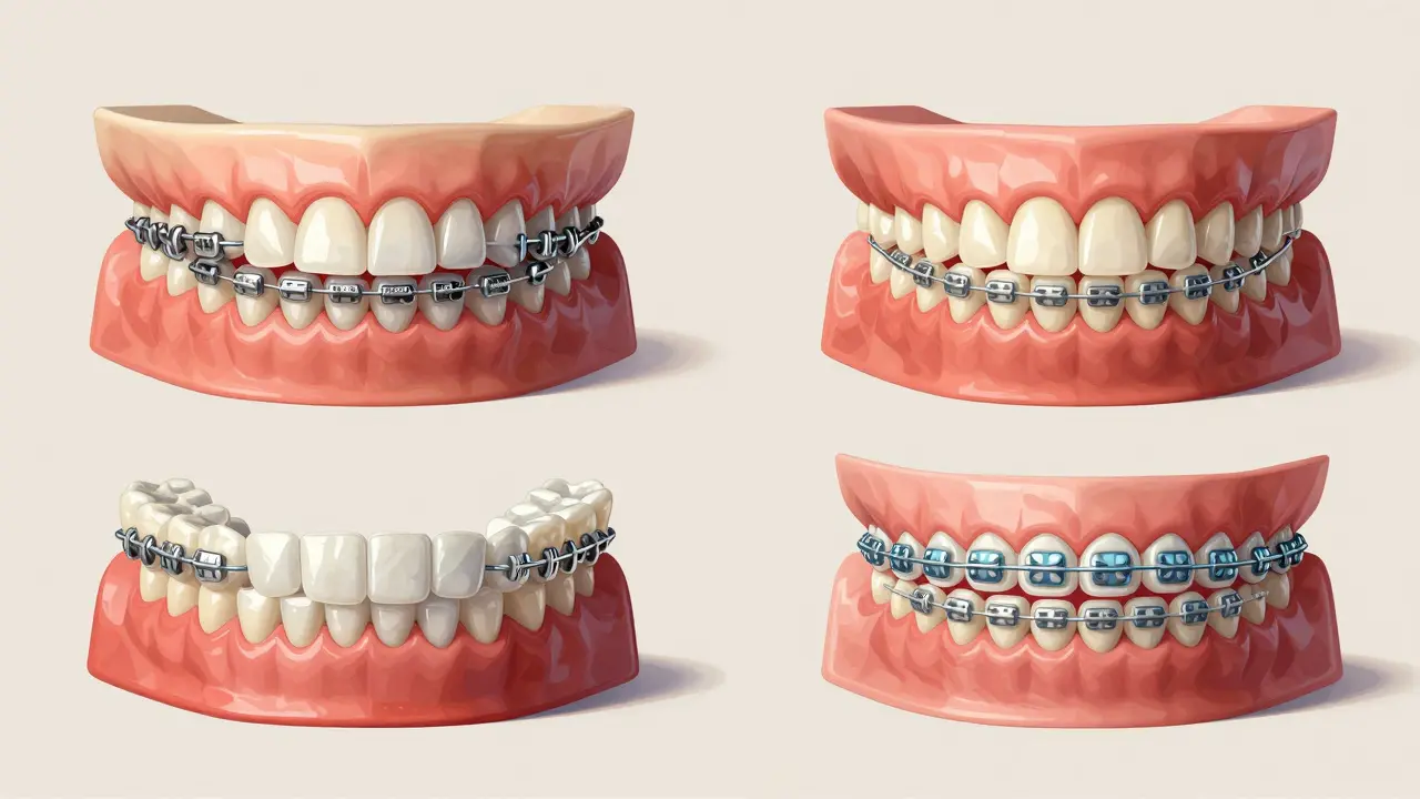 Čtyři typy rovnátek viděné na průhledných modelech zubů: kovové, keramické, průhledné a jazykové.