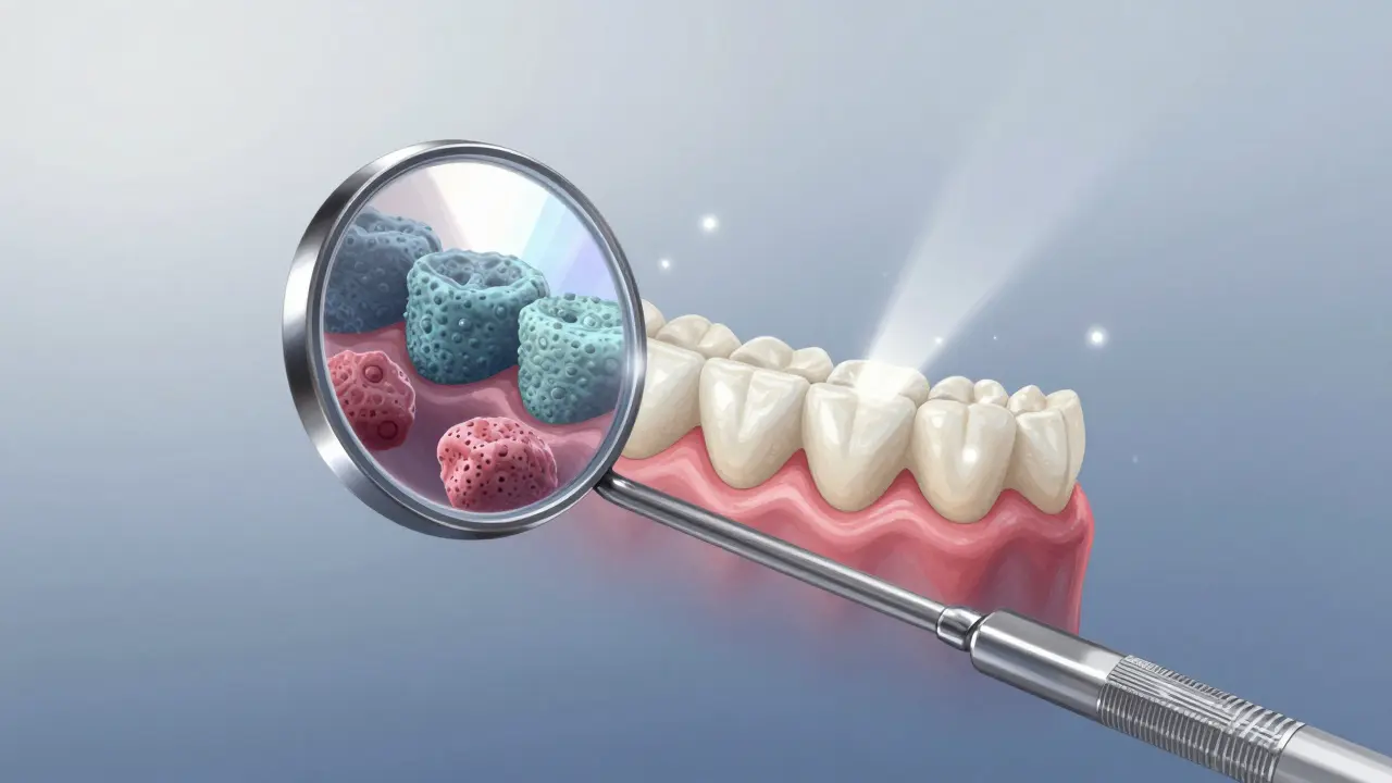 Dentální zrcátko jako symbol vidění skrytých problémů v ústech.