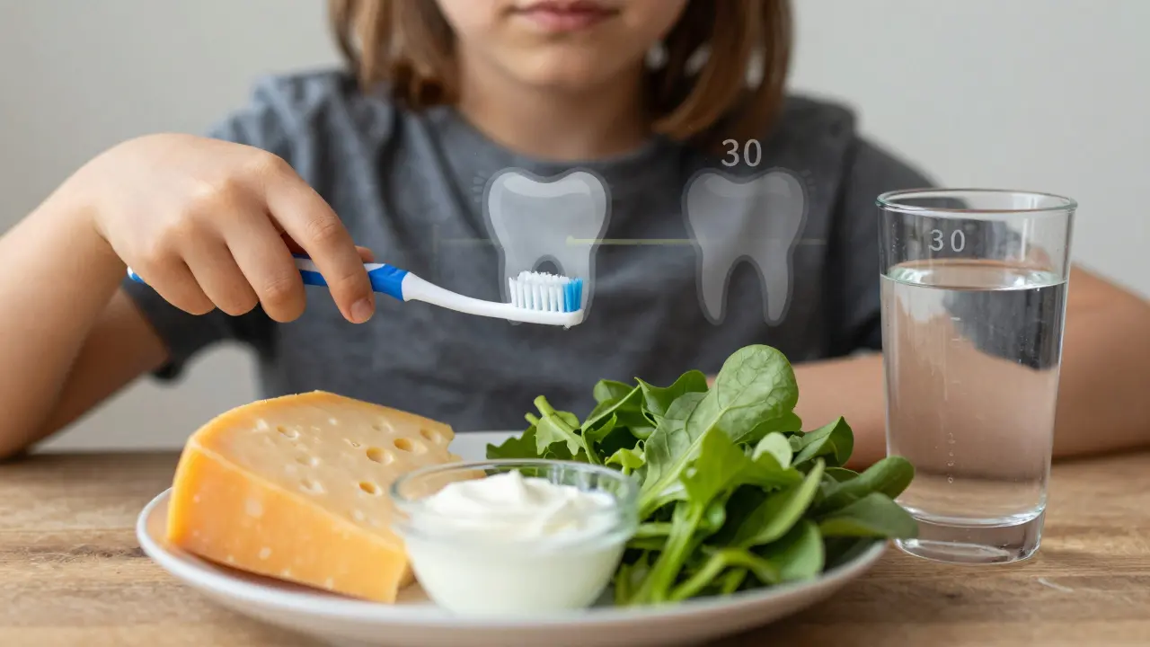 Dítě drží kartáček vedle zdravých potravin a hodin ukazujících 30 minut po jídle.