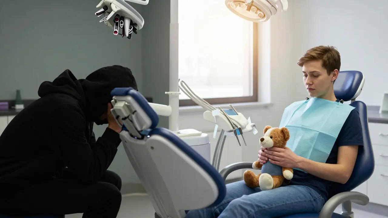 Dvě strany jednoho obrazu: strach před zubním křeslem na levé straně, klid a bezpečí na pravé.