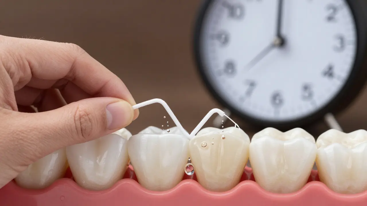 Hand using dental floss and water flosser to prevent tooth decay between teeth.