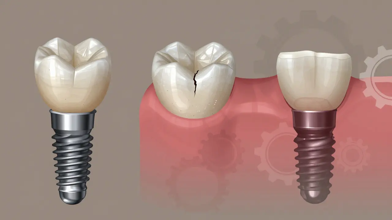 Illustration showing the progression of dental prosthesis wear from new to damaged with bone loss.