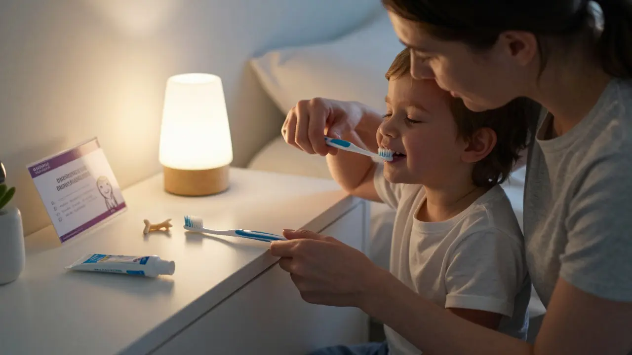 Matka čistí zuby malému dítěti ve večerním osvětlení, na pozadí krabička s vypadlým zoubkem.