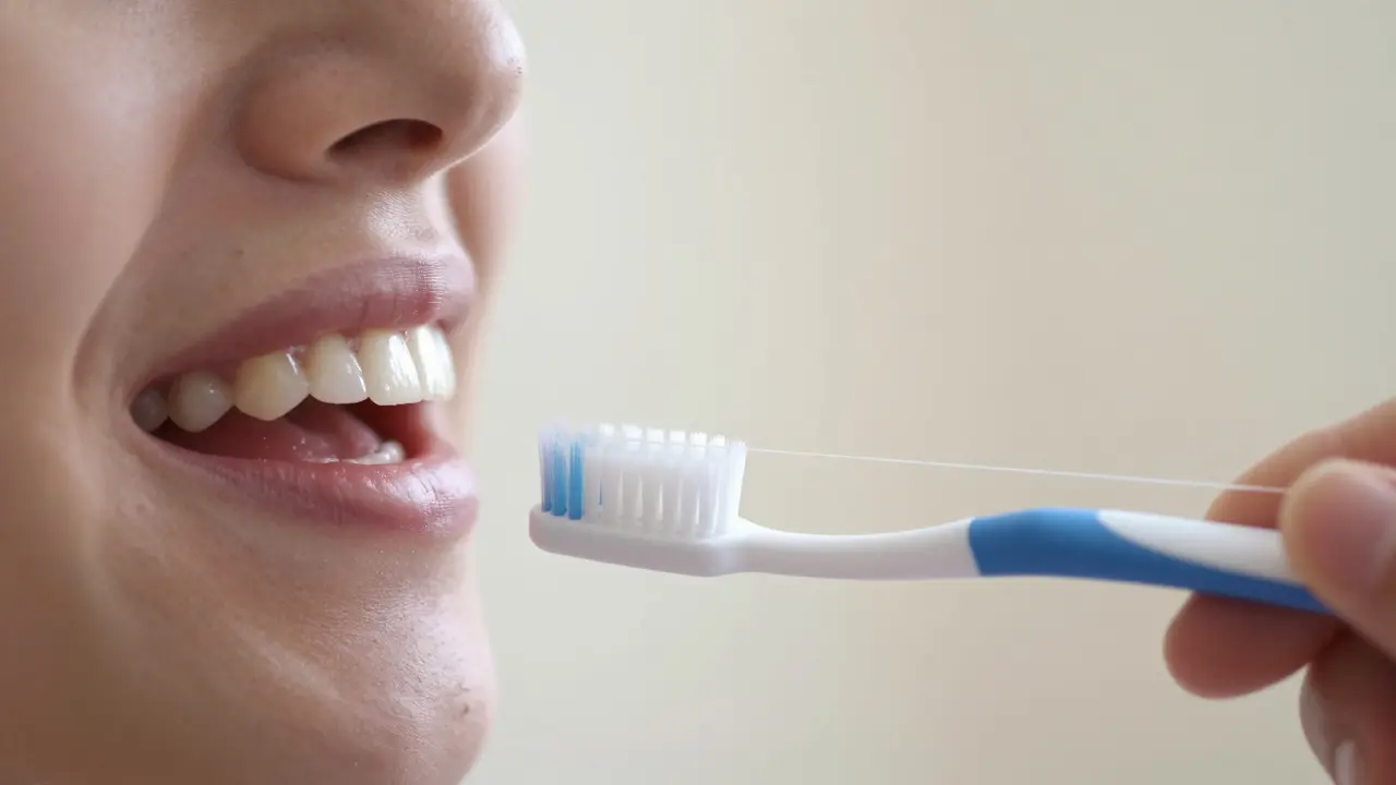 Měkký kartáček se přibližuje k zubům s veneers, nit visí ve vzduchu.