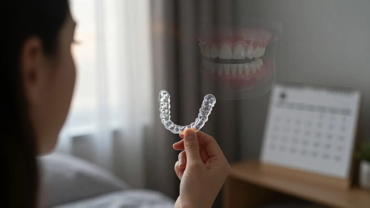 Osoba drží průhledné držadlo a dívá se do zrcadla, kde je vidět přechod od původních zubů k napraveným.