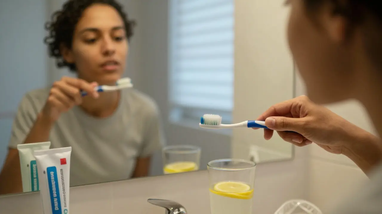 Osoba jemně čistící zuby měkkým kartáčkem s viditelnou správnou technikou.