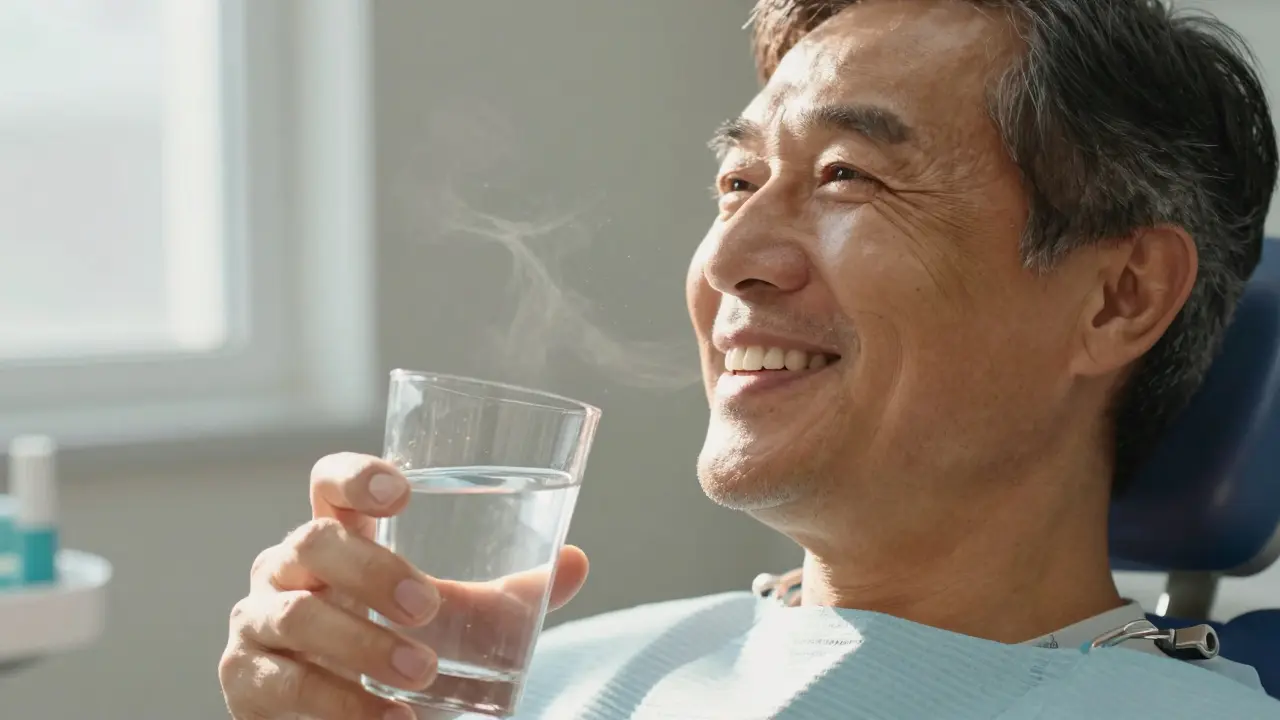 Pacient s čistými zuby a úsměvem po odstranění zubního kamene.