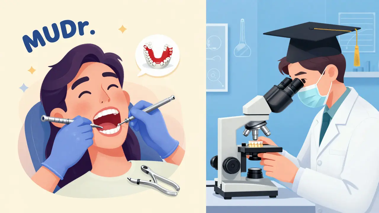 Porovnání klinické praxe a vědeckého výzkumu v stomatologii.