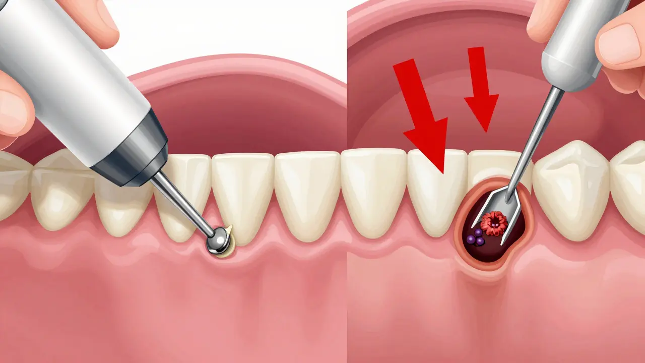 Porovnání povrchového čištění a hluboké léčby parodontitidy.