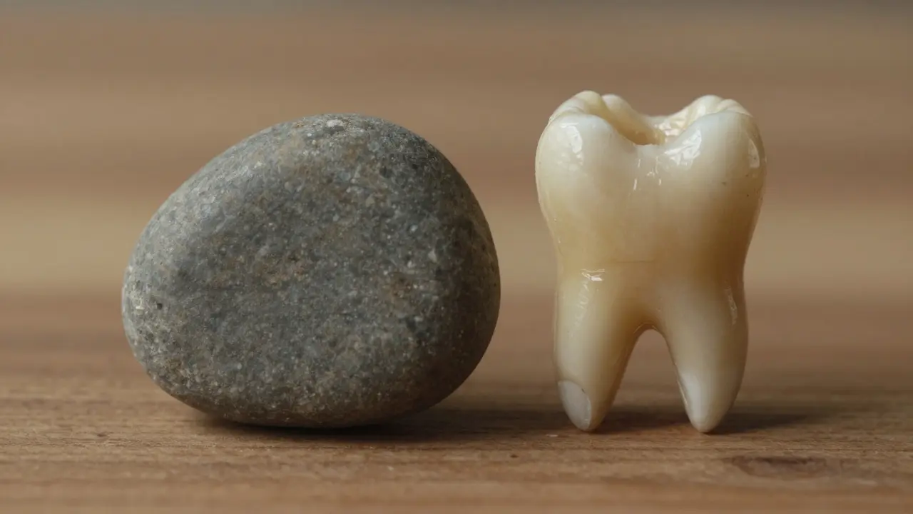 Porovnání vybroušeného zubu a položeného kamenenej kameně s hladkými hranami.