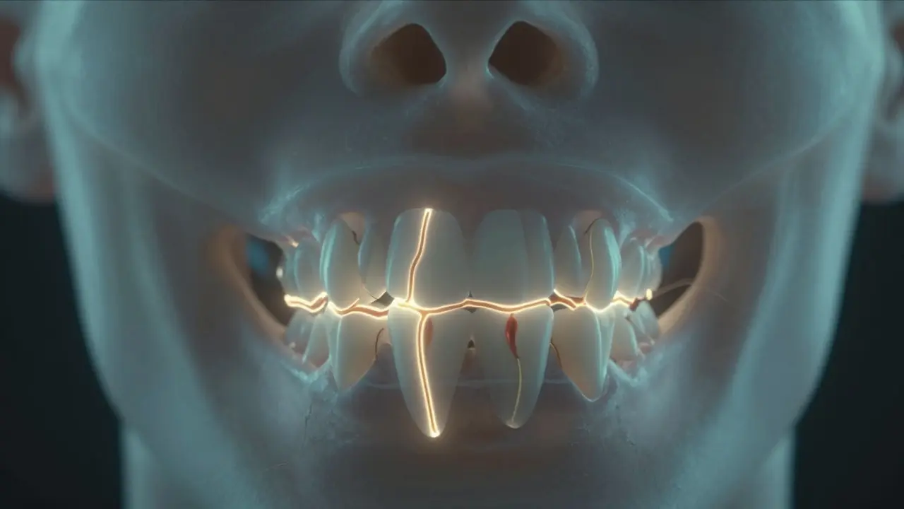 Přehled čelisti s viditelným hojením kosti a nervů po vytržení zubu.