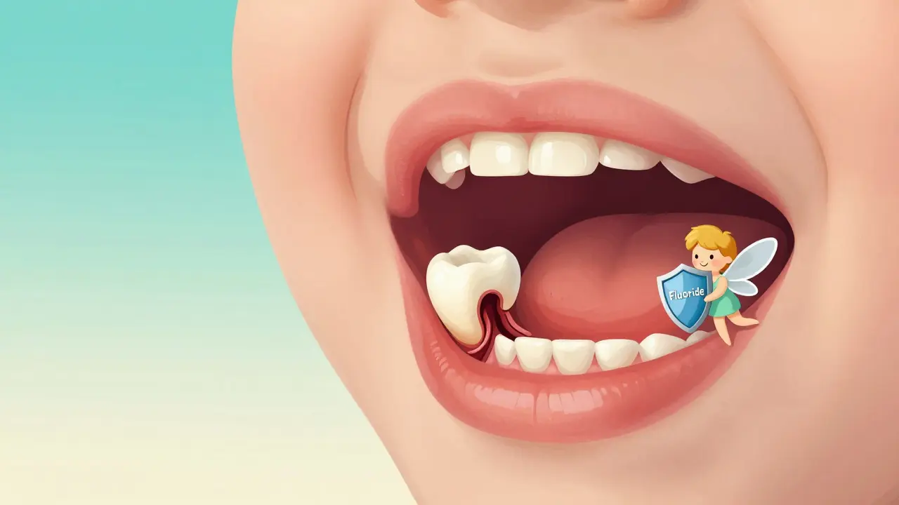 Příčný řez dítěte zubu s kariésem a ochrannou postavou chránící nerv.