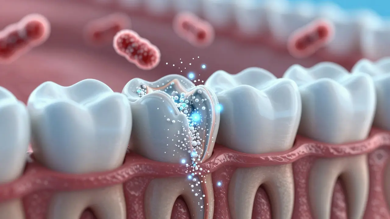 Příčný řez zubu, kde se sklovinová vrstva obnovuje minerály.