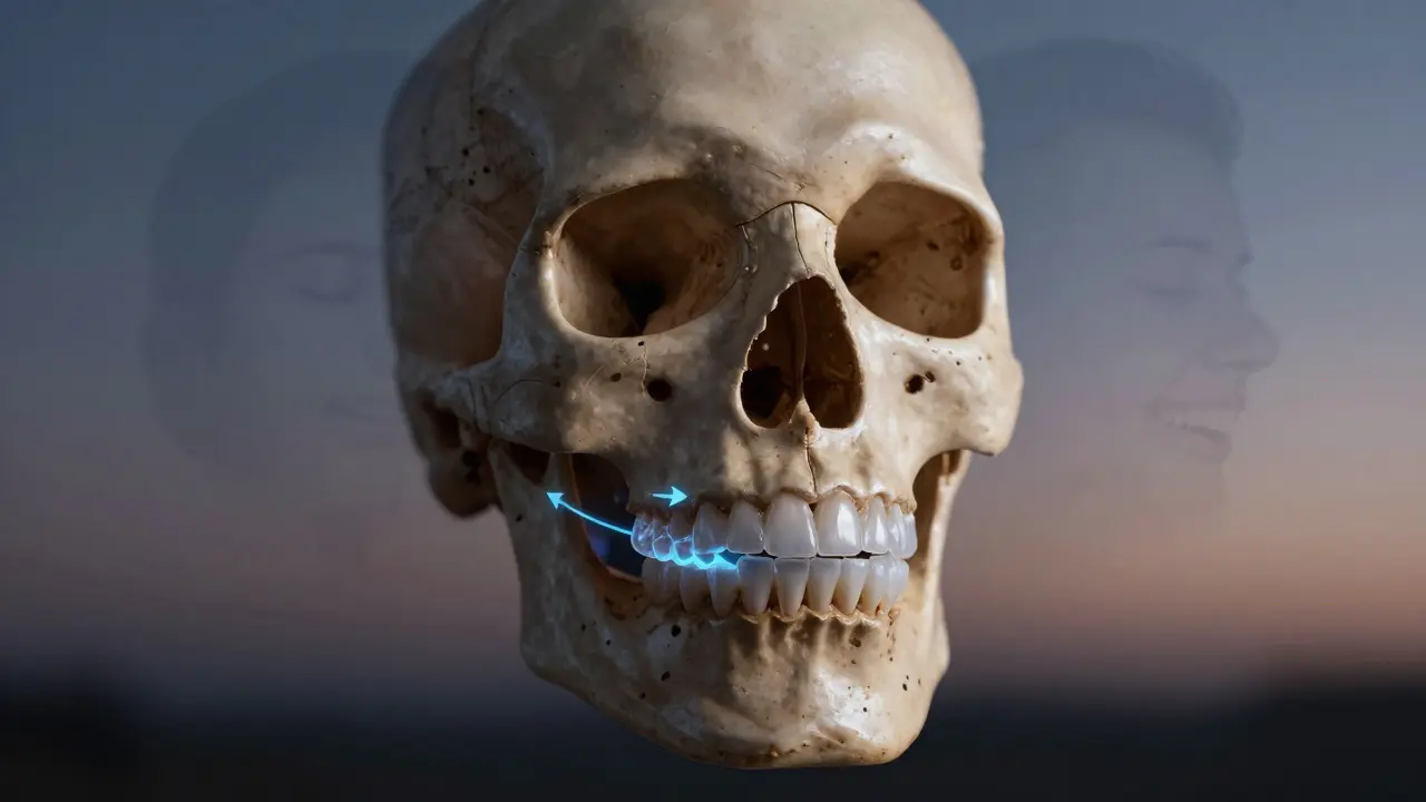 Průhledná rovnátka pomalu posunují zuby na křivce, symbolizujíce změnu životního stylu.