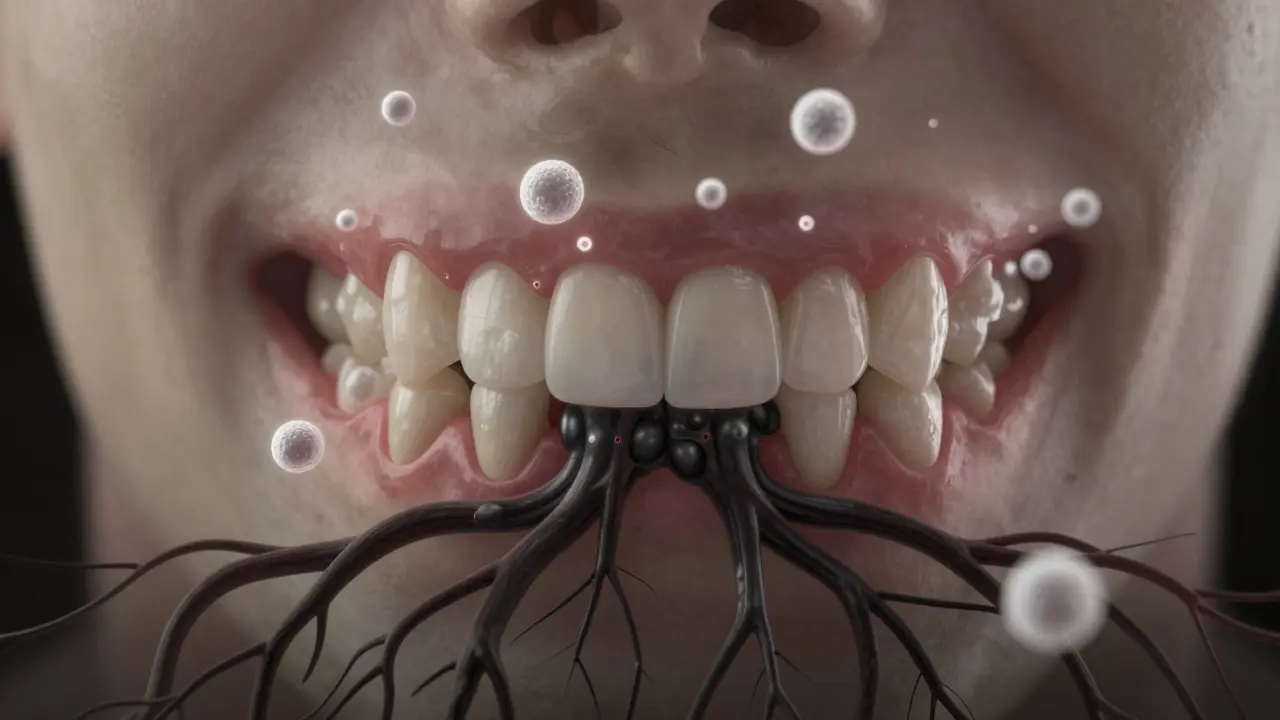 Průřez čelistí s rozpadající se kostí pod vlivem černého zubního kamene.