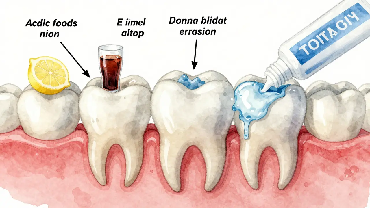 Průřez zubu s odhalenou dření a odtékajícími dásněmi, označenými kyselými potravinami.