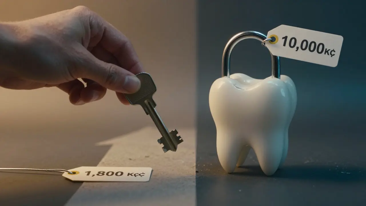 Ruka drží klíč z kompozitního materiálu, který otevírá zámek tvaru ulomeného zubu.