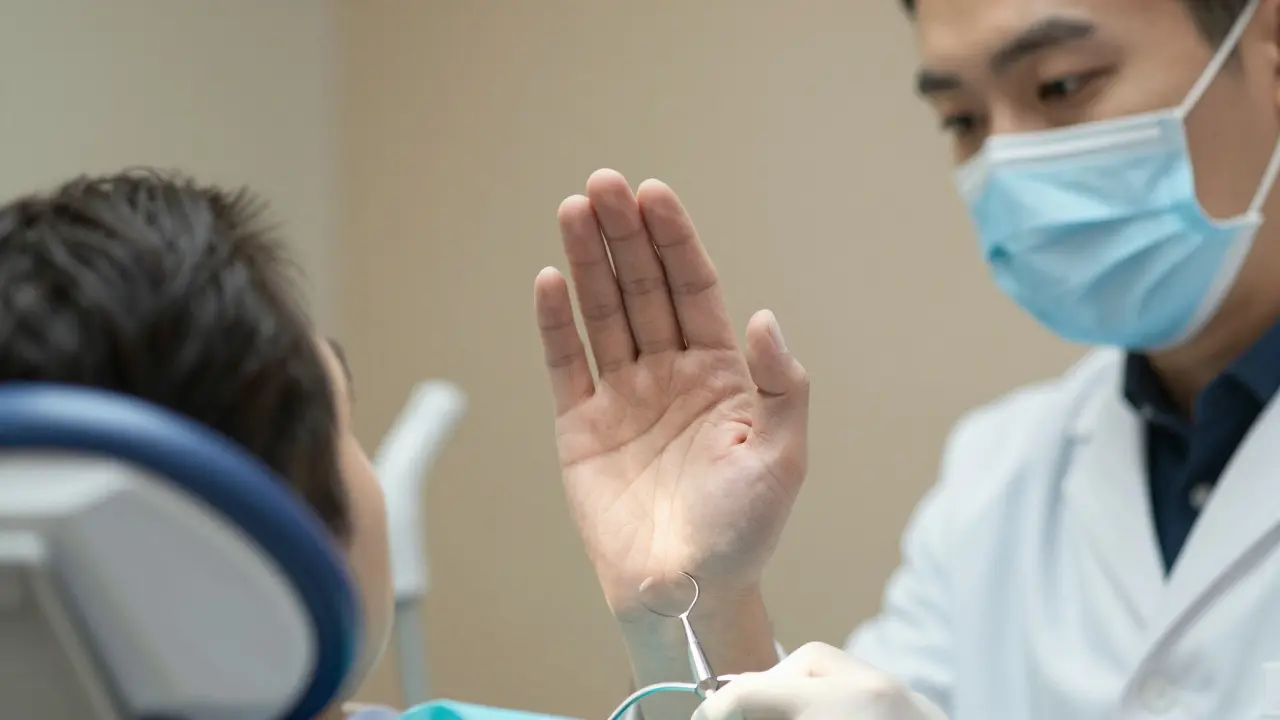 Ruka pacienta zvednutá v zubní křesle, lékař přestal s léčbou a dívá se na něj s úctou a pozorností.