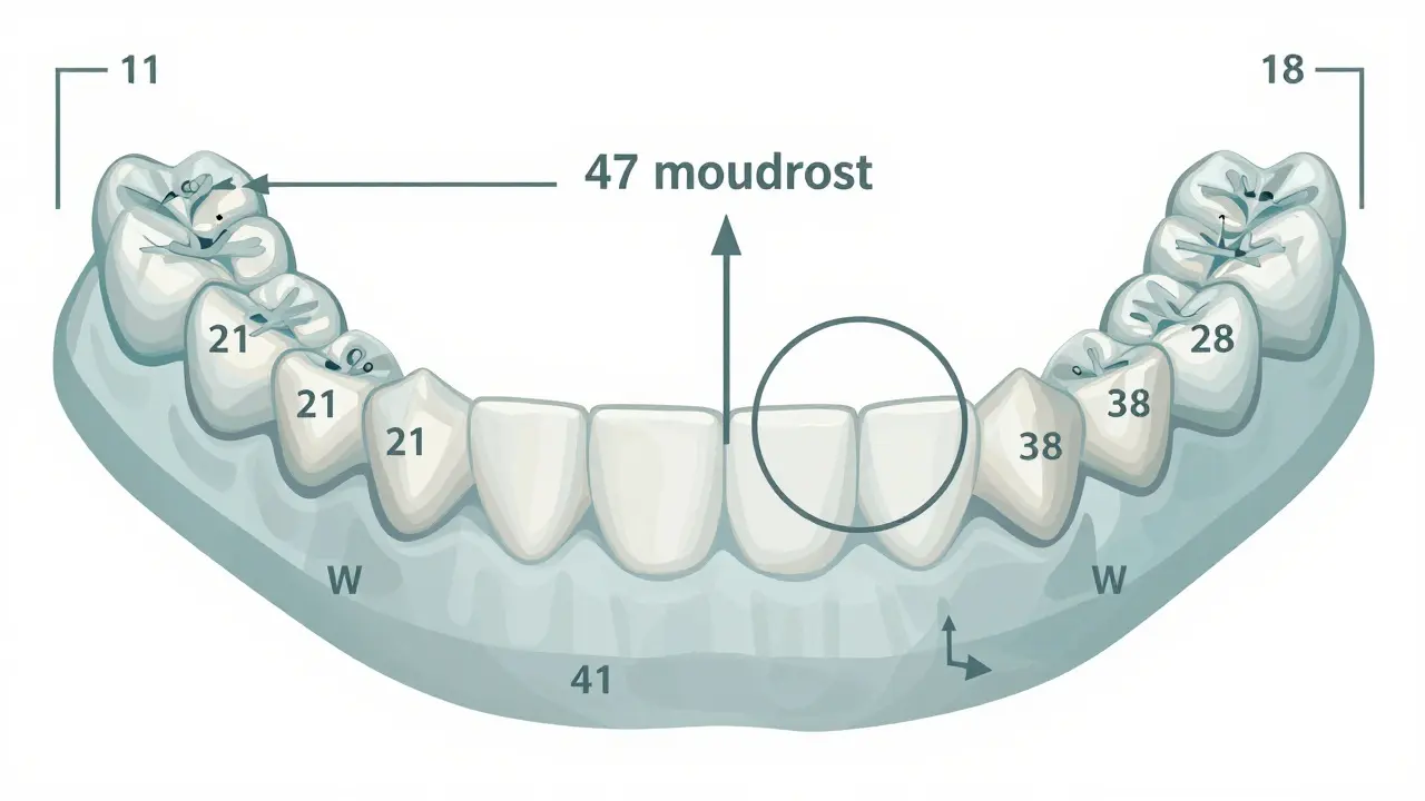 Schéma zubního oblouku s čísly zubů 11–48 a šipkami označujícími polohu v čelisti.