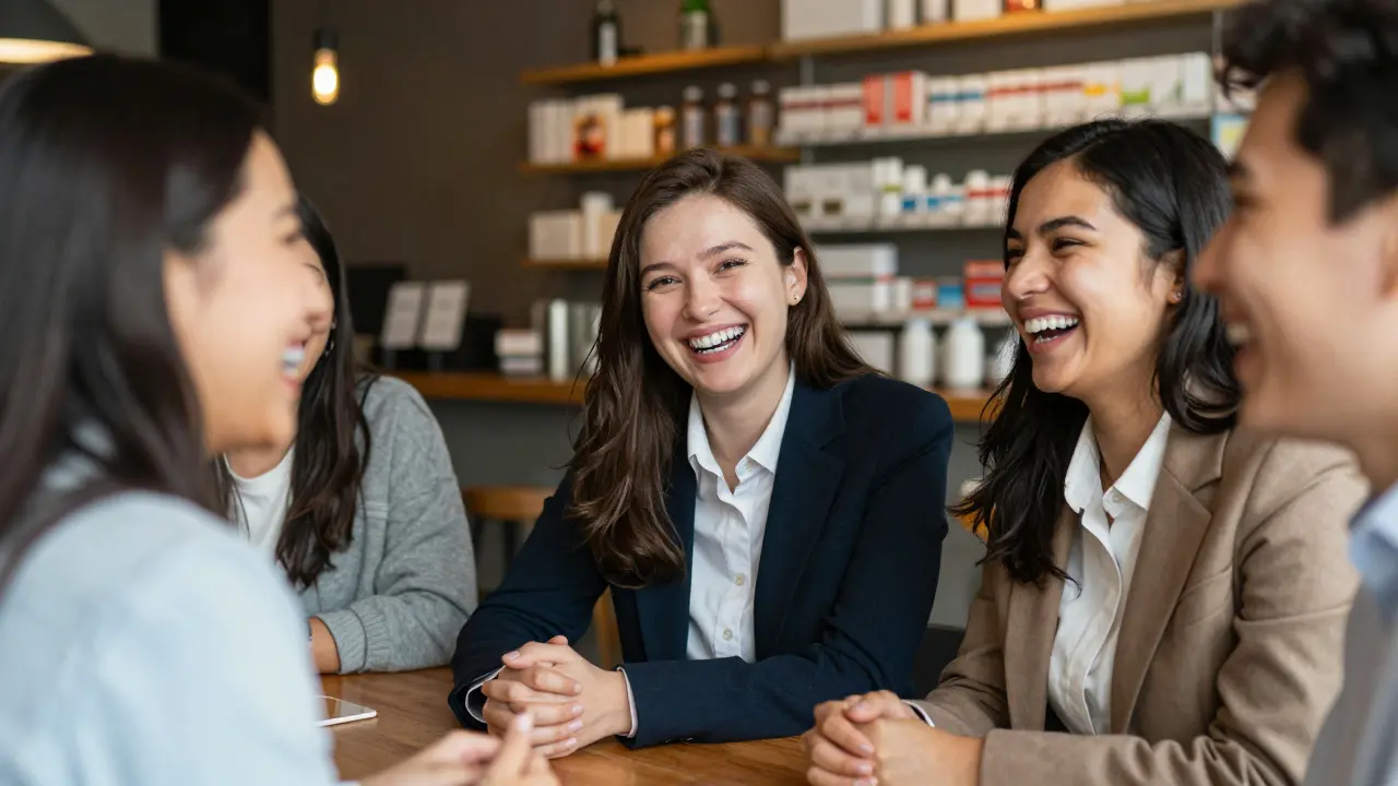 Skupina lidí se směje v kavárně, jejich přirozené úsměvy odhalují krásné fazety na zubech.
