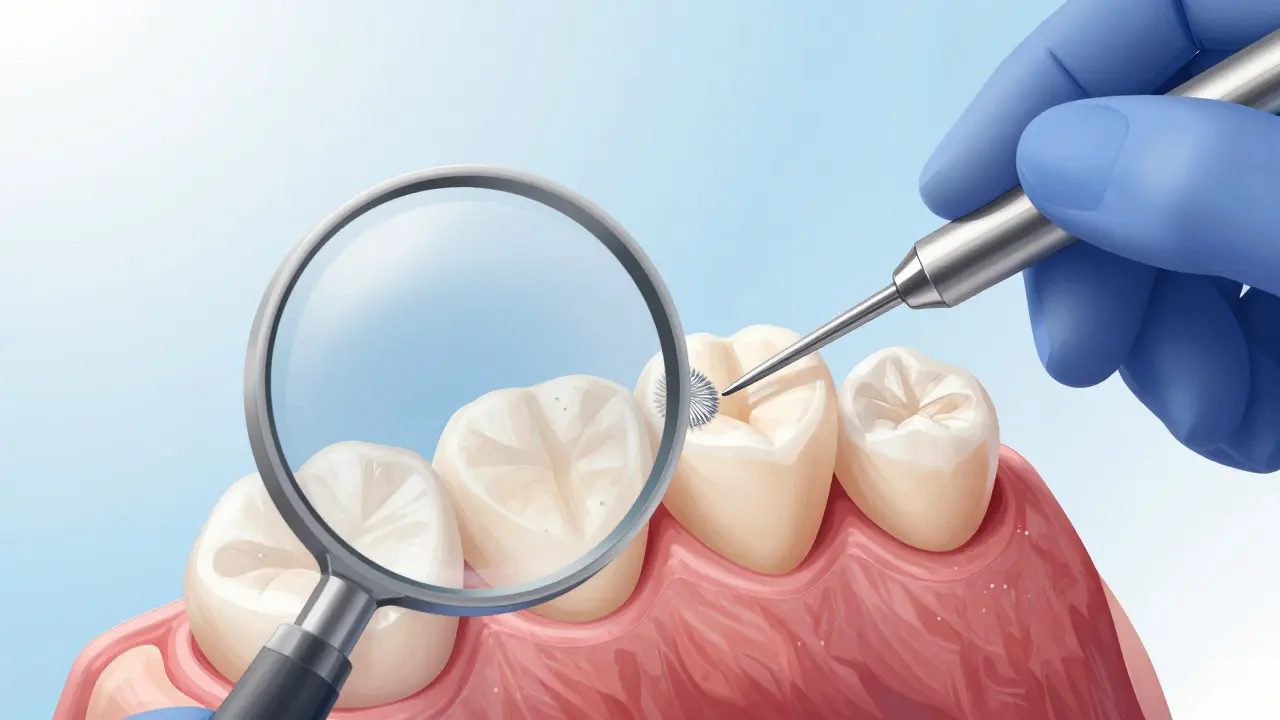 Stomatolog jemně brousí povrch zubu pomocí jemného brusného nástroje v klinice.