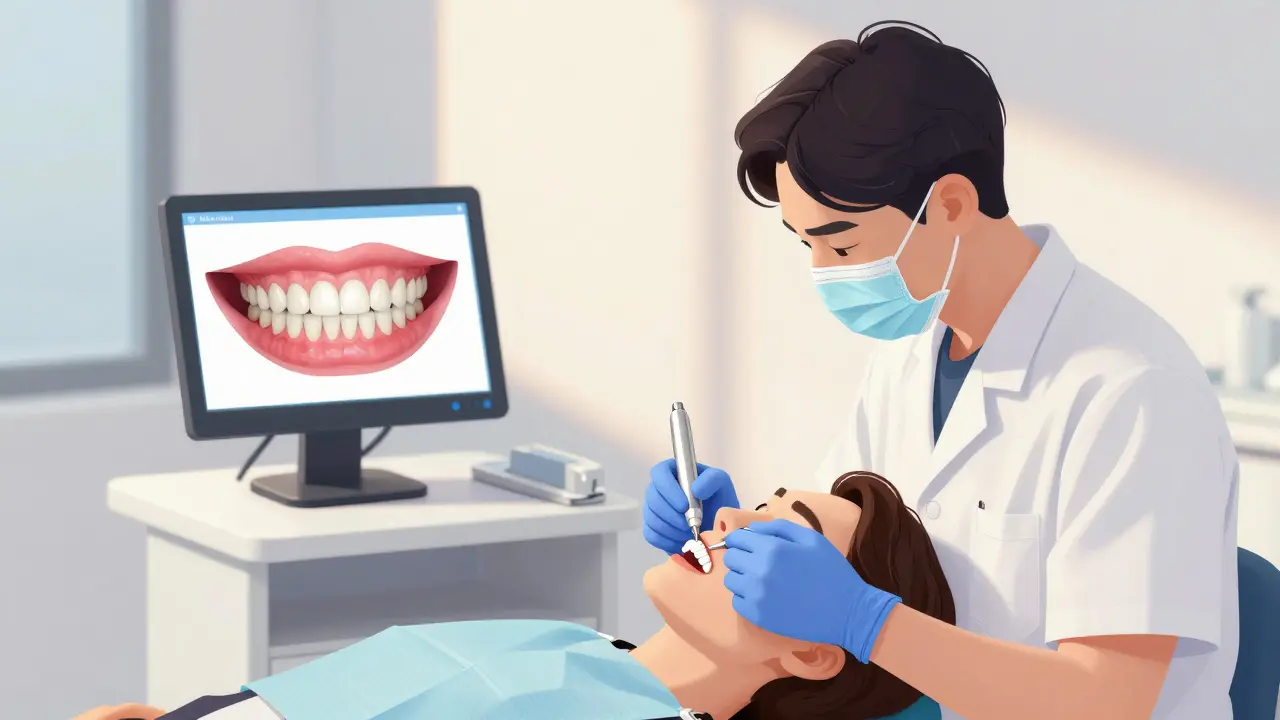 Stomatolog připevňuje keramickou fazetu na zub v klinice s digitálním zobrazením před a po.