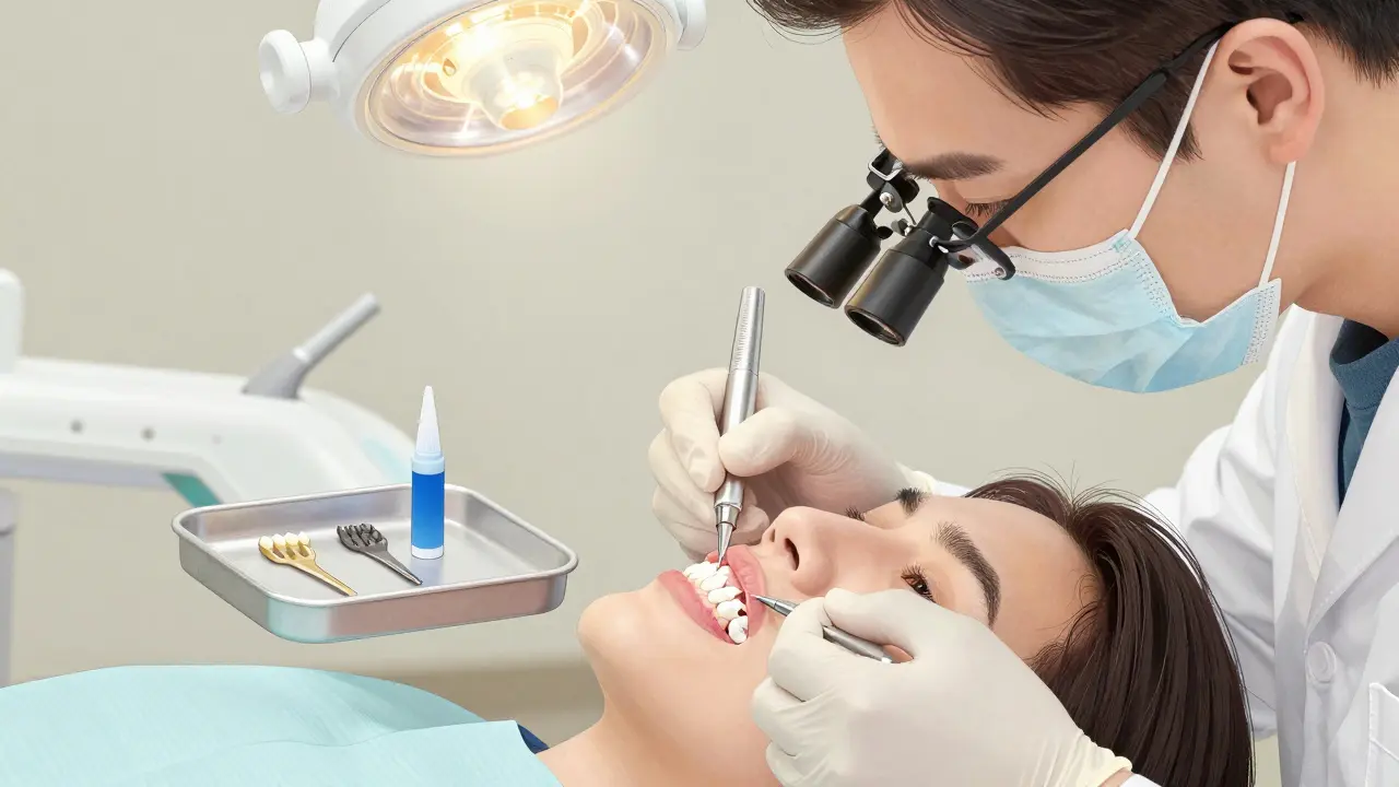 Stomatolog připevňuje keramickou fazetu na zub v klinice.