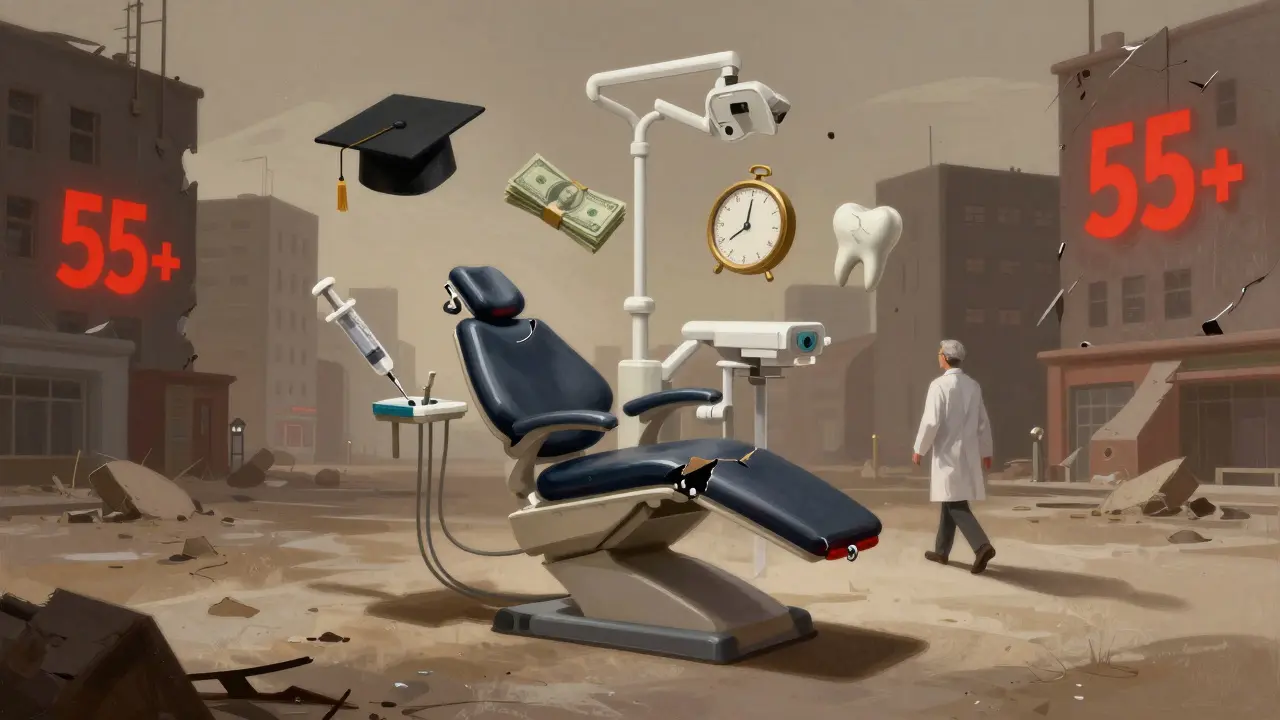 Symbolický obraz zanikající zubní péče v Praze s odcházejícím lékařem a rozpadajícími se znaky systému.