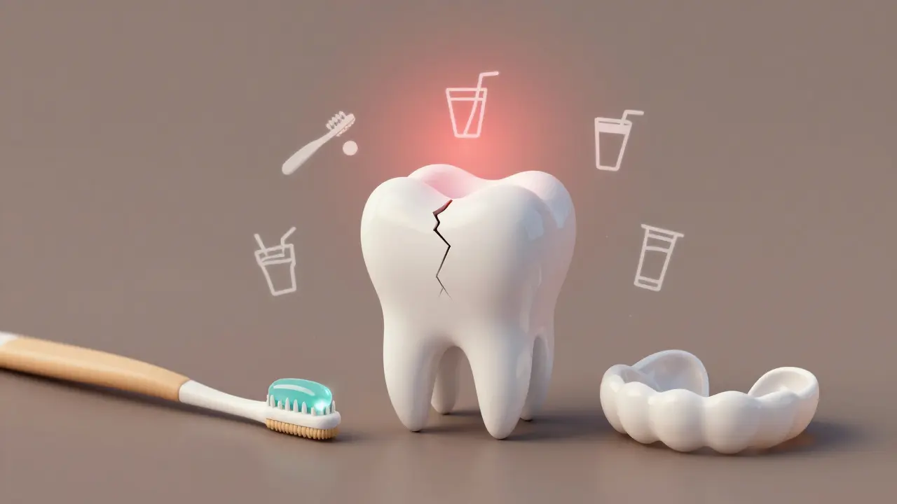 Symbolický obraz zubu jako varovného signálu s prvky špatných a správných návyků.