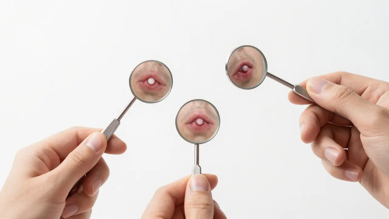 Tři dentální zrcátka odrazují různé příznaky zubního abscesu.