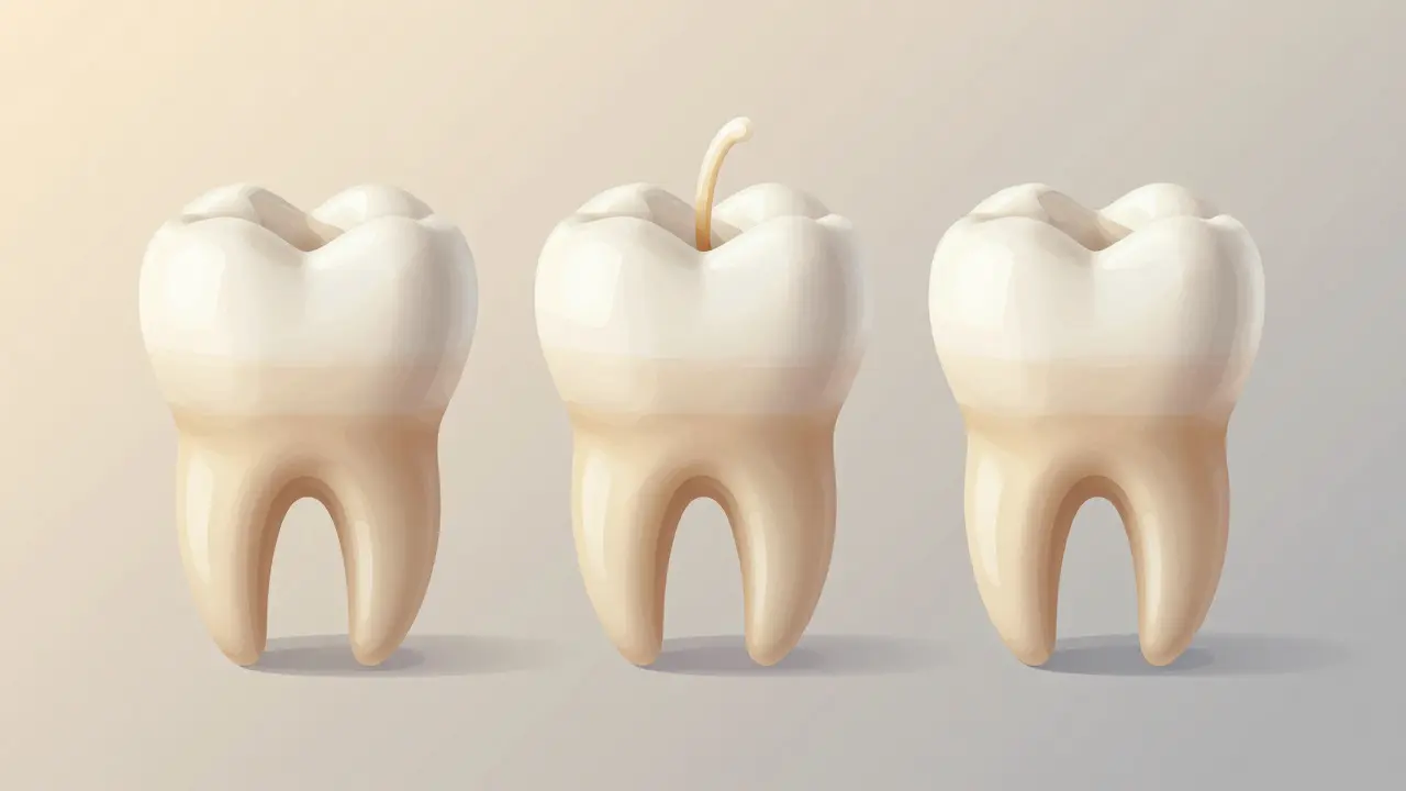 Tři typy oprav předního zubu: kompozitní výplň, porcelánová vložka a korunka, vedle sebe.