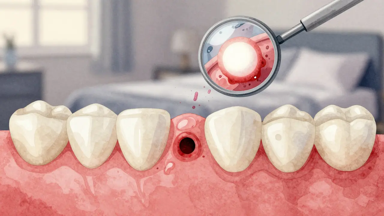 Uvnitř dásně je skrytý absces, který odrazí dentální zrcátko jako svítící kouli.