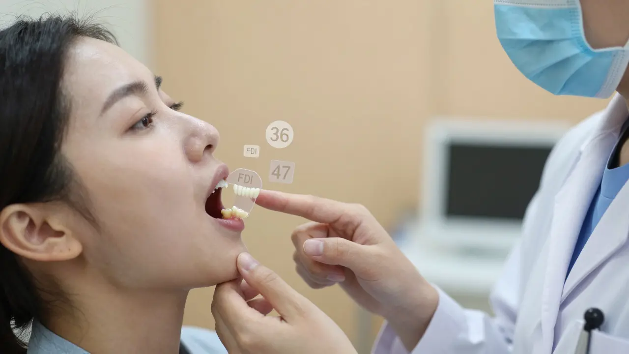 Zdravotník ukazuje na ústní dutinu pacienta, kde jsou nad zuby vidět přehledová čísla FDI.