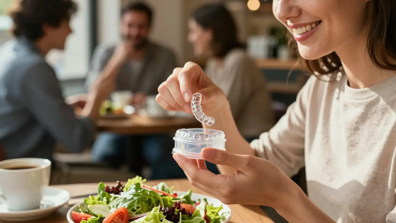 Žena si během oběda sundává rovnátka a ukládá je do krabičky v kavárně.