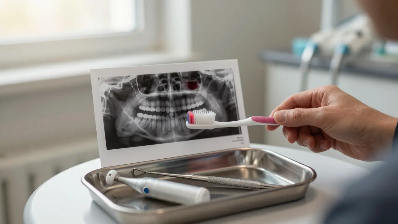 Zubní kartáček a rentgenový snímek ukazující ztrátu kosti kolem zubů.