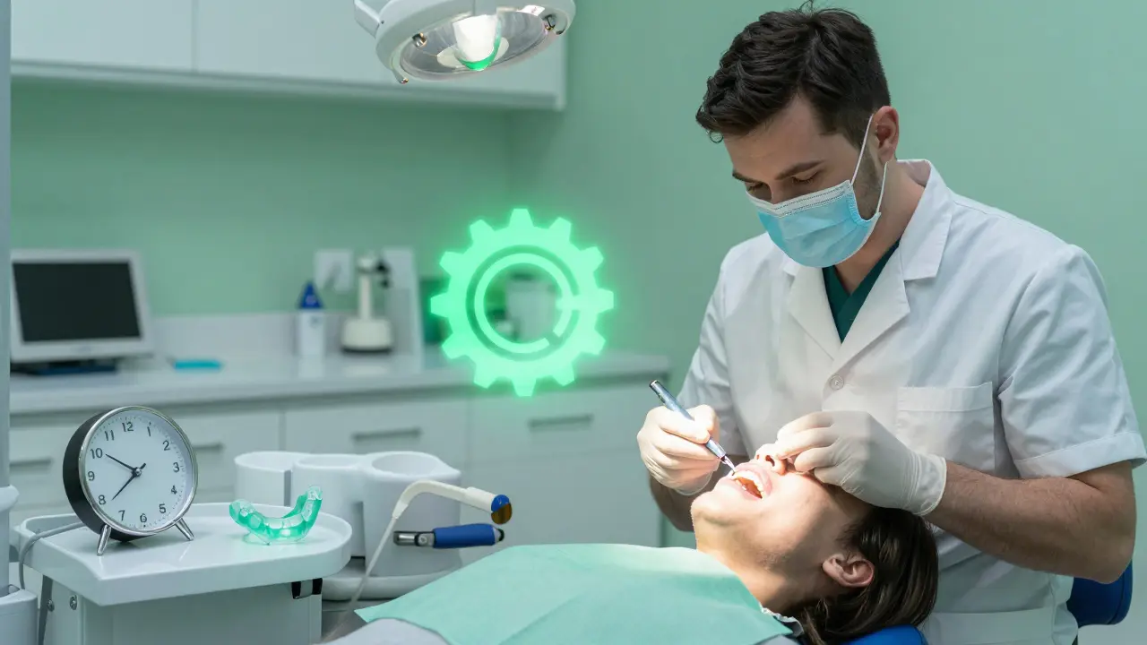 Zubní lékař aplikuje ochranný povlak na zub, vedle leží noční štít.