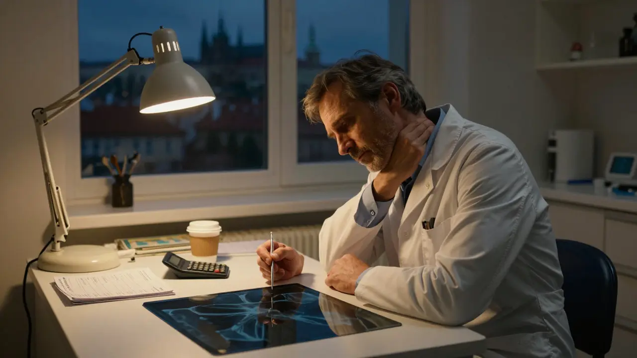 Zubní lékař v noci v ordinaci, unavený, s bolestí v krku a hromadou papírů na stole.