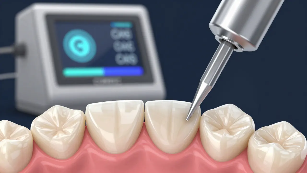 Ceramic veneer being carefully reattached to a tooth with dental cement using modern equipment.