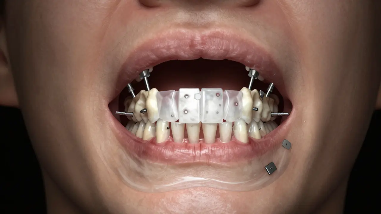 Chirurgický zákrok uvnitř úst s přesunutím čelisti a fixací kovovými deskami.